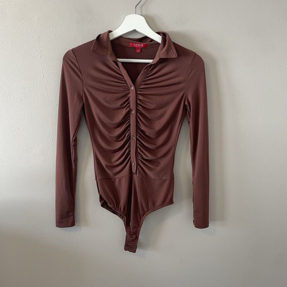 Guess Ruched Collared Bodysuit Snap Button Sz S Y2K